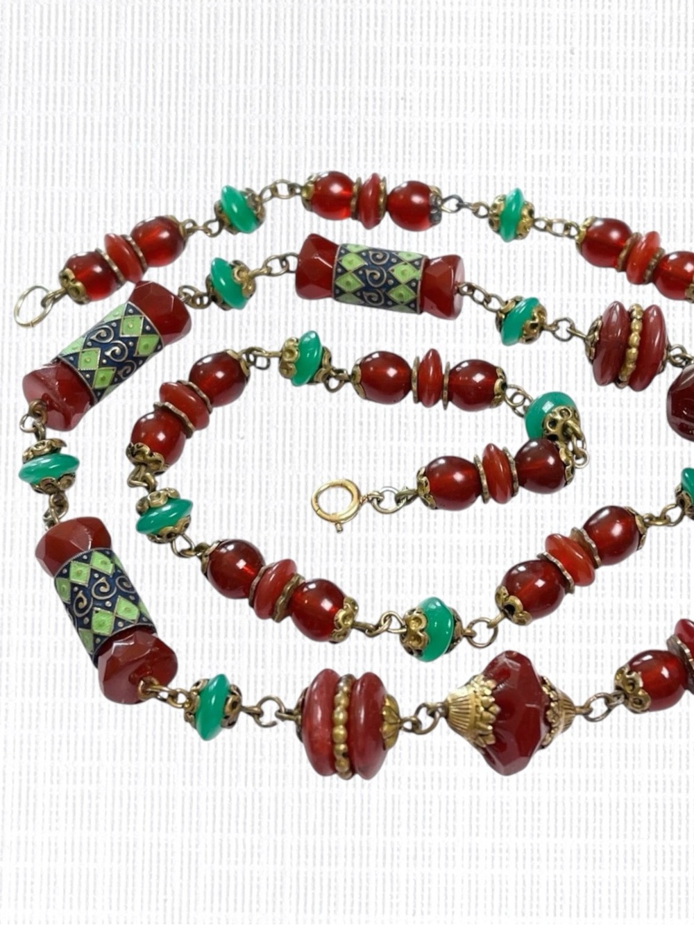 Neiger Brothers Necklace Czech Uranium Glass Beads Gold Tone Green 24" Antique